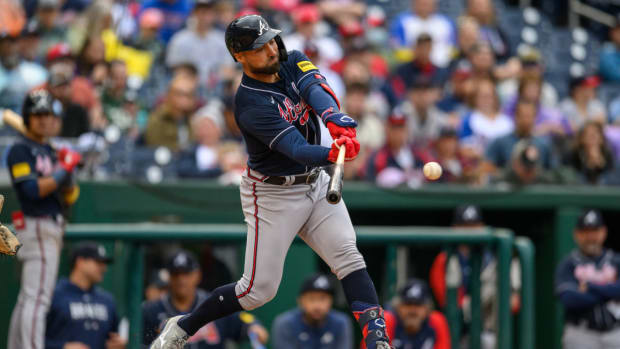 Sep 24, 2023; Washington, District of Columbia, USA; Atlanta Braves left fielder Kevin Pillar (17) hits a single during the seventh inning against the Washington Nationals at Nationals Park.